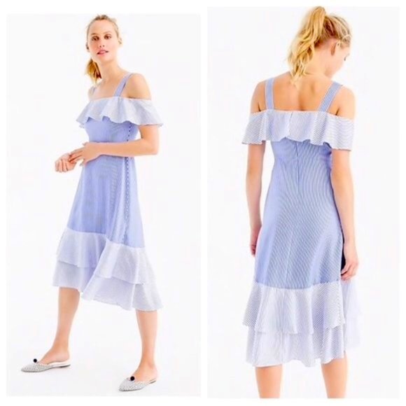 J CREW blue white silk striped flutter ruffle midi dress - Picture 1 of 8